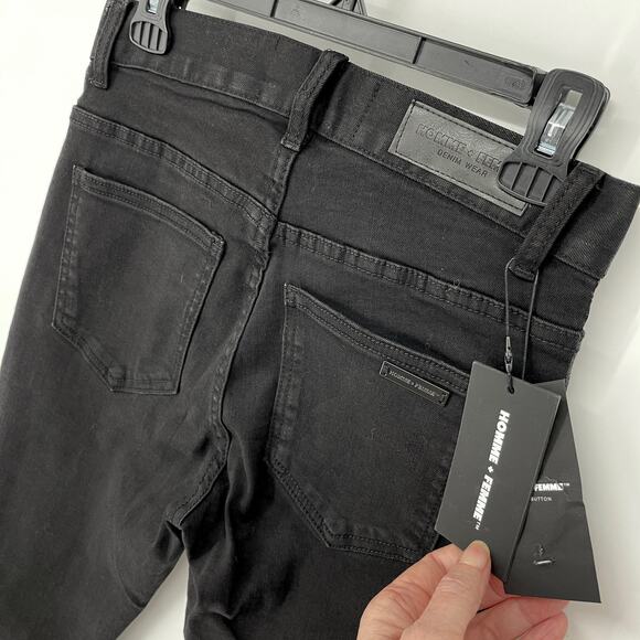 Homme + Femme NEW Skinny Distressed Jeans Mens Sz 28 Black Shimmer Logo Stripes - Picture 8 of 12